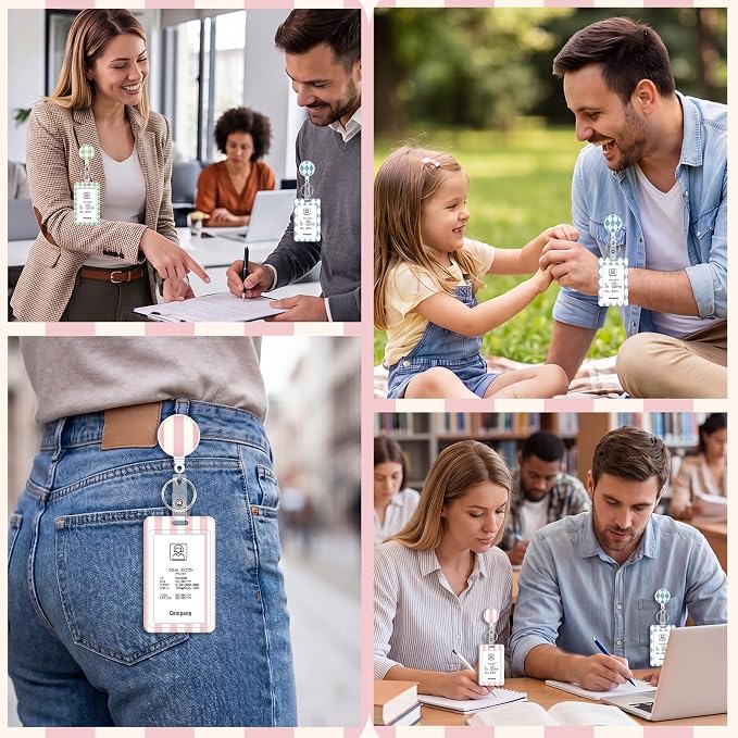 3 Set Badge Holder Retractable Reel Stripes ID Badge Holders with Clip Cute Name Badge Holders for Teacher Nurse Doctor Student Office Workers