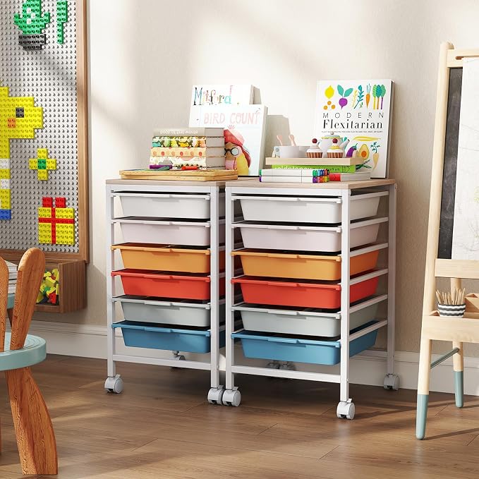 Giantex Rolling Storage Cart with 6 Drawers, Utility Cart w/Wooden Tabletop, Lockable Wheels, Multipurpose Organizer for Art Craft Scrapbooks Paper, Drawer Carts for Dorm Classroom Office, Macaron
