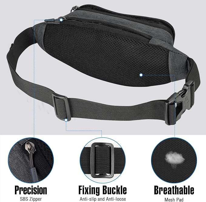 WATERFLY Small Fanny Pack Crossbody Lightweight Waist Bag for Woman Man | Adjustable extender strap, Slim compact, Water-resistant durable material, Breathable back pad, Multi-scene for travel, daily