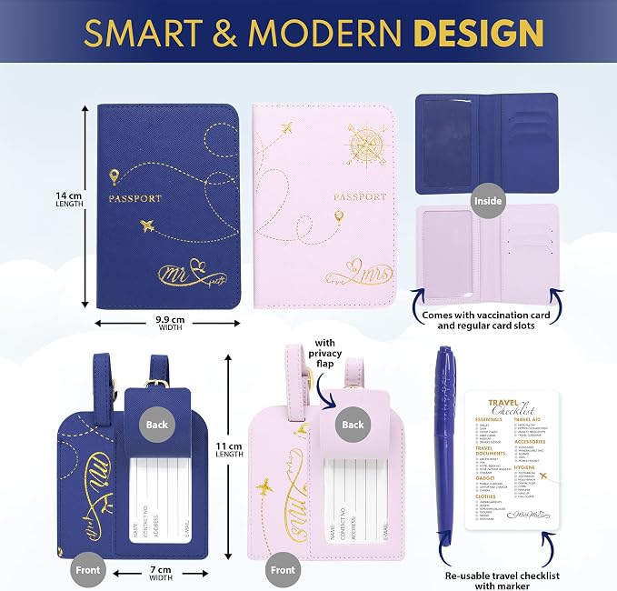 Decorably Matching Leather Mr and Mrs Passport Holder Set - Blue & Pink with Luggage Tags, for Wedding Gift, Bridal Shower, Engagement, Anniversary, Gift for Couples