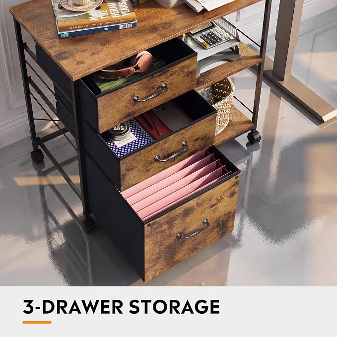 DEVAISE 3 Drawer Mobile File Cabinet with Open Storage Shelf | Rolling Printer Stand, Fabric Lateral Filing Cabinet fits A4 or Letter Size for Home Office, Rustic Brown Wood Grain Print