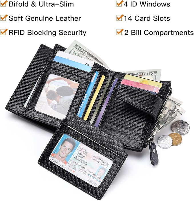 Wallet for Men Genuine Leather RFID Blocking Mens Wallet with Zipper Coin Pocket ID Window