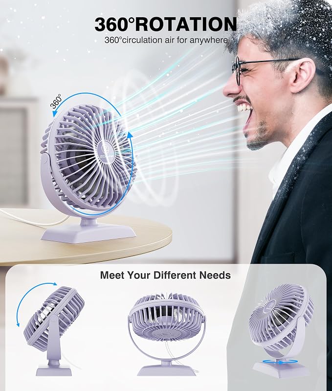 JZCreater USB Desk Fan, USB Fan Mini, 360 Rotation Desktop Fan with 3 Speed, Table Personal Cooling Fan, Quiet Mini Desk Fan, USB Powered, Small Fan for Home Office Bedroom Car Travel, Purple