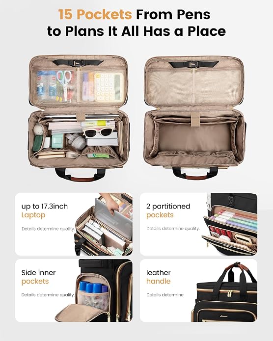 LOVEVOOK Rolling Teacher Bag, Laptop Tote with Detachable Dolly | Fits 17.3 Inch Laptop, Detachable Dolly, Large Rolling Tote Bag for Teacher Office Work Nurse, Adjustable Handle