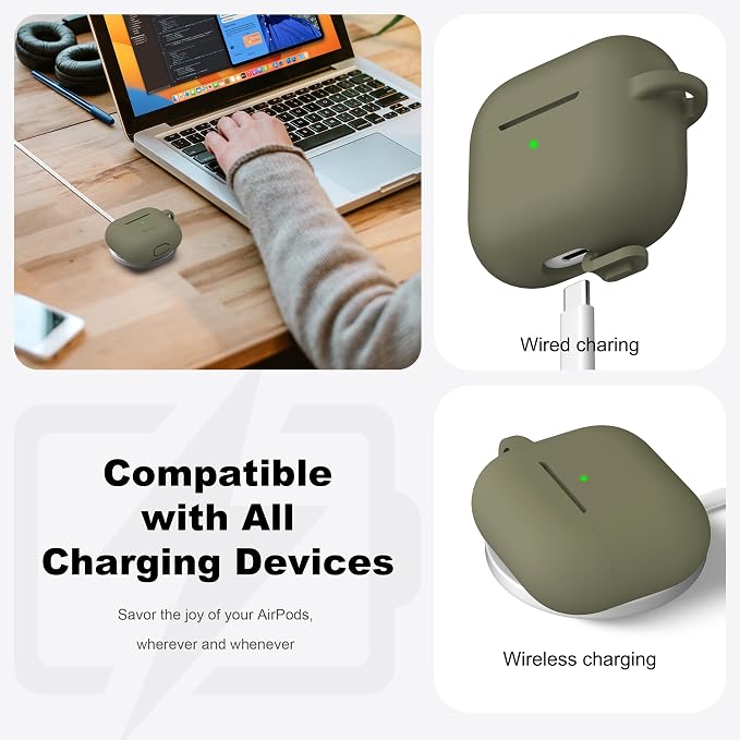 R-fun Compatible with AirPods 3 Case Cover, Silicone Protective Accessories Skin with Keychain Compatible with Apple AirPod 3rd Generation 2021 for Women Men Girls Boys,Front LED Visible,Olive Green