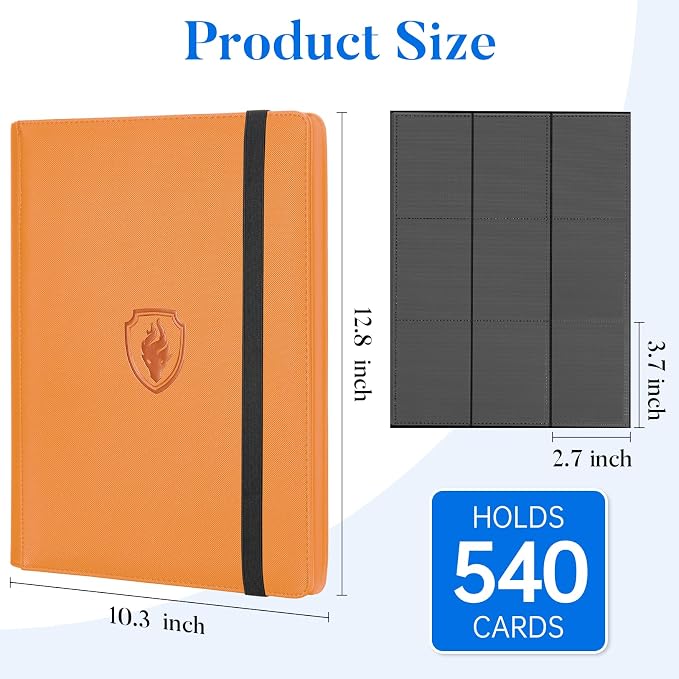 Premium 9 Pocket Card Binder for 540 Cards, Fabmaker PU Cover Trading Card Binder, Sturdy Card Collection Album, Sleek Card Holder Folders for Game Cards & Sports Cards, Orange