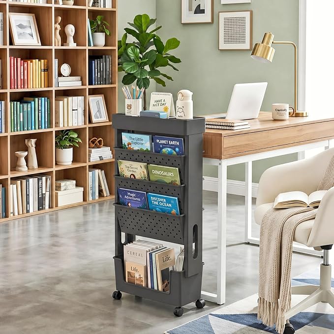 BYFU 5-Tier Rolling Bookshelf Cart, 30.7" H, Black | Movable with Wheels, File Paper Storage Organizer, For Home Office Study Classroom