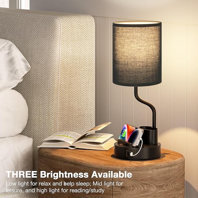 Bedside Lamps for Bedroom Set of 2 - Table Desk Lamp for Nightstand | 15" Table Lamp for Living Room with Pen Holder & Phone Stand, USB A+C Port, AC Outlet, 3 Color Temperature, LED Bulb Included
