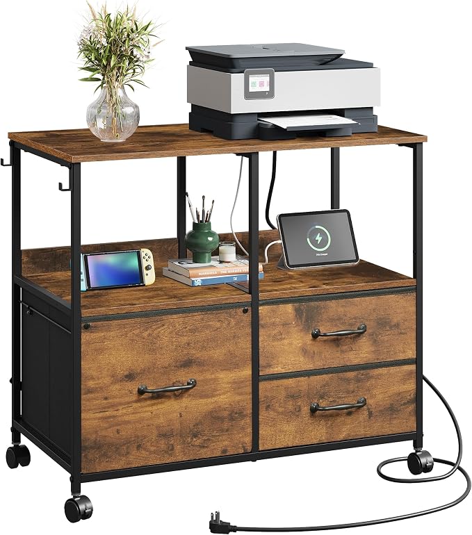 DEVAISE 3 Drawer Mobile File Cabinet with Storage Shelf, Charging Station | Rolling Printer Stand, Fabric Lateral Filing Cabinet fits A4 or Letter Size, Adjustable Shelf for Home Office, Rustic Brown