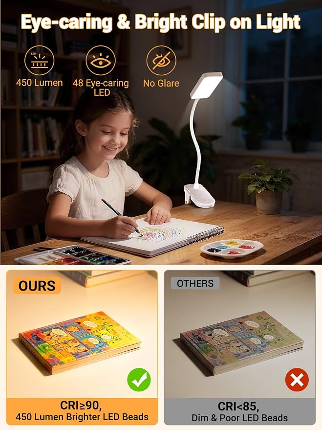 Clip on Lamp, 9 Brightness+5 Colors Reading Lights for Books in Bed Lamp | 4000mAh Battery Clip on Light,450 Lumen Rechargeable Desk Lamp for Dorm Lamp,Book Light for Reading in Bed Headboard/Bedside