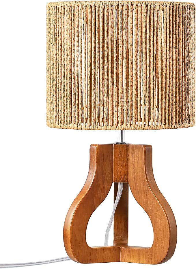 EDISHINE Small Table Lamp, Rose Wood Base, Handwoven Paper Rope Shade, E26 | Tripod Base Nightstand Lamp, On-Off Line Switch, 14.6" Rattan Bedside Lamp for Bedroom Living Room, Office