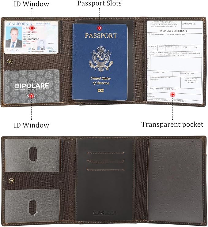 Polare Full Grain Leather Pilot Wallet Passport Holder RFID Blocking Tri-fold Travel Cover Document Organizer for Aviation Professionals