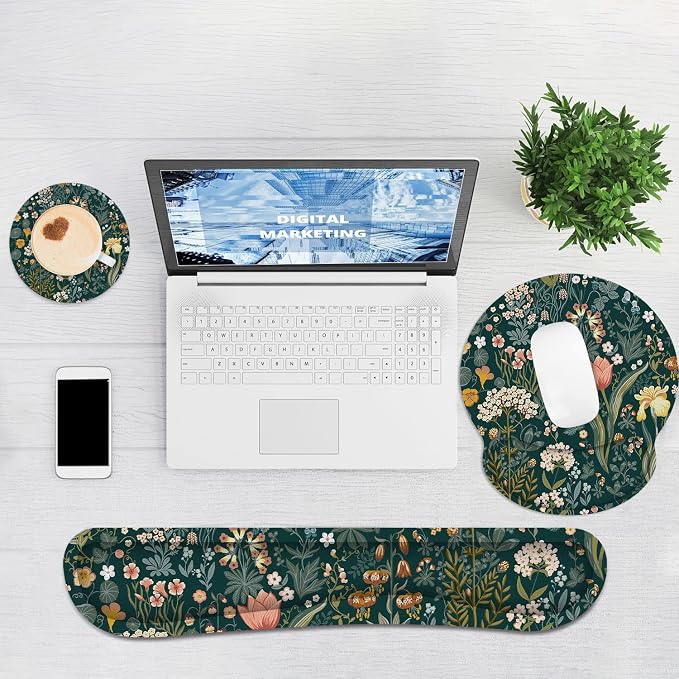 Ergonomic Mouse Pad with Wrist Rest and Keyboard Wrist Rest, Mousepad | Memory Foam Wrist Rest for Computer Keyboard, Pain Relief, Non-Slip Base, Mouse Pad Wrist Support for Gaming, Green Flowers