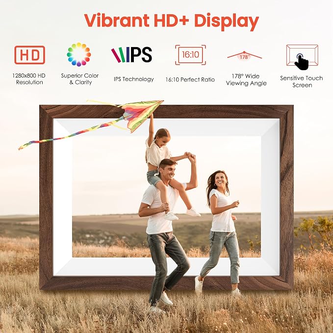 Frameo 10.1" Smart Digital Picture Frame with Walnut Moulding, 16:9 1280p HD IPS Touchscreen Display, 32GB Storage, MicroSD Slot, Plug-in Power, Easy Wireless Photo & Video Sharing, Idea