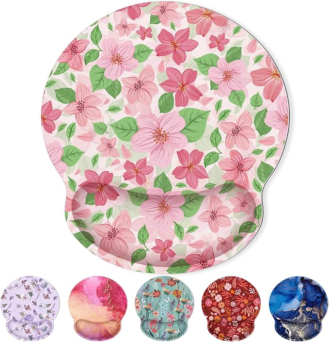 KONVINIT Ergonomic Mouse Pad with Wrist Rest, Small Mousepad with Non-Slip Rubber Base and Smooth Surface, Pink Floral Mouse Pads for Desk, Office Desk Accessories