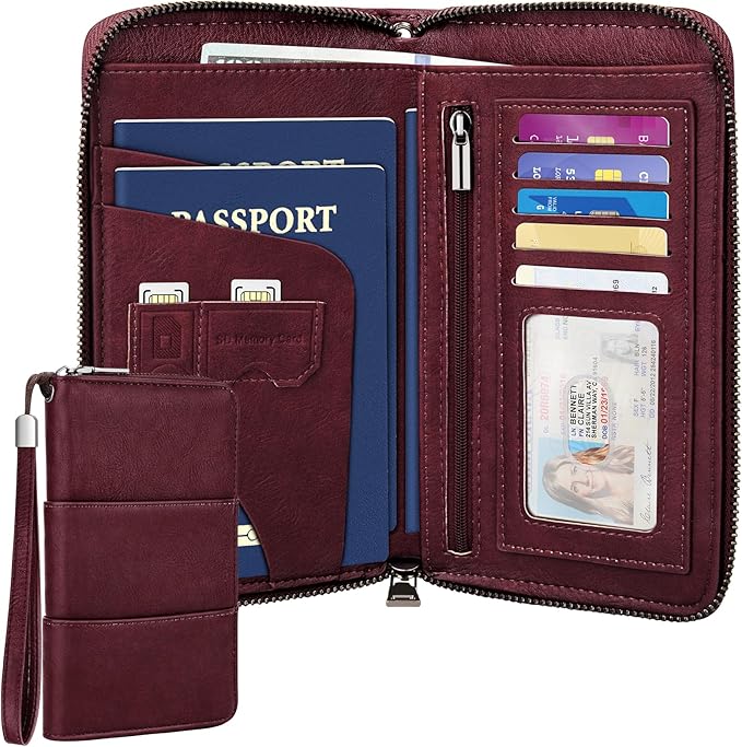 RFID Family Passport Holder Wallet - Travel Document Organizer | PU Leather, with Wristlet, Zipper, Cards, Boarding Pass, ID, Cash, Ticket Pockets,Travel Essentials Gifts for Women Men