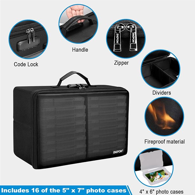 ENGPOW Fireproof Photo Storage Box 5" x 7" Photo Case(Clear),16 Inner Photo Keeper Organizer with Lock, Collapsible Portable Acid-Free Photo Storage Container with Handle for Picture, Valuables