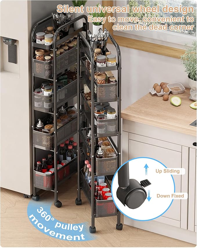 UMDONX 5-Tier Narrow Mobile Storage Cart with Pull-Out Baskets | The Multifunctional Pull-out Storage Rack Is Suitable for Bathrooms, Kitchens, and Laundry Rooms