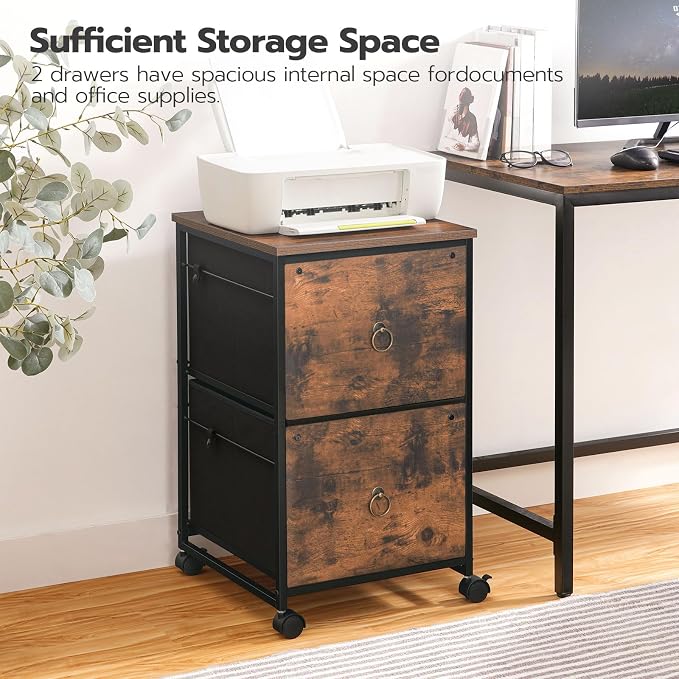 HOOBRO 2 Drawer Mobile File Cabinet, Rolling Printer Stand, Vertical Office Filing Cabinet for Home Office, A4/Letter Size, Nonwovens Drawer, Rustic Brown BF20WJ01
