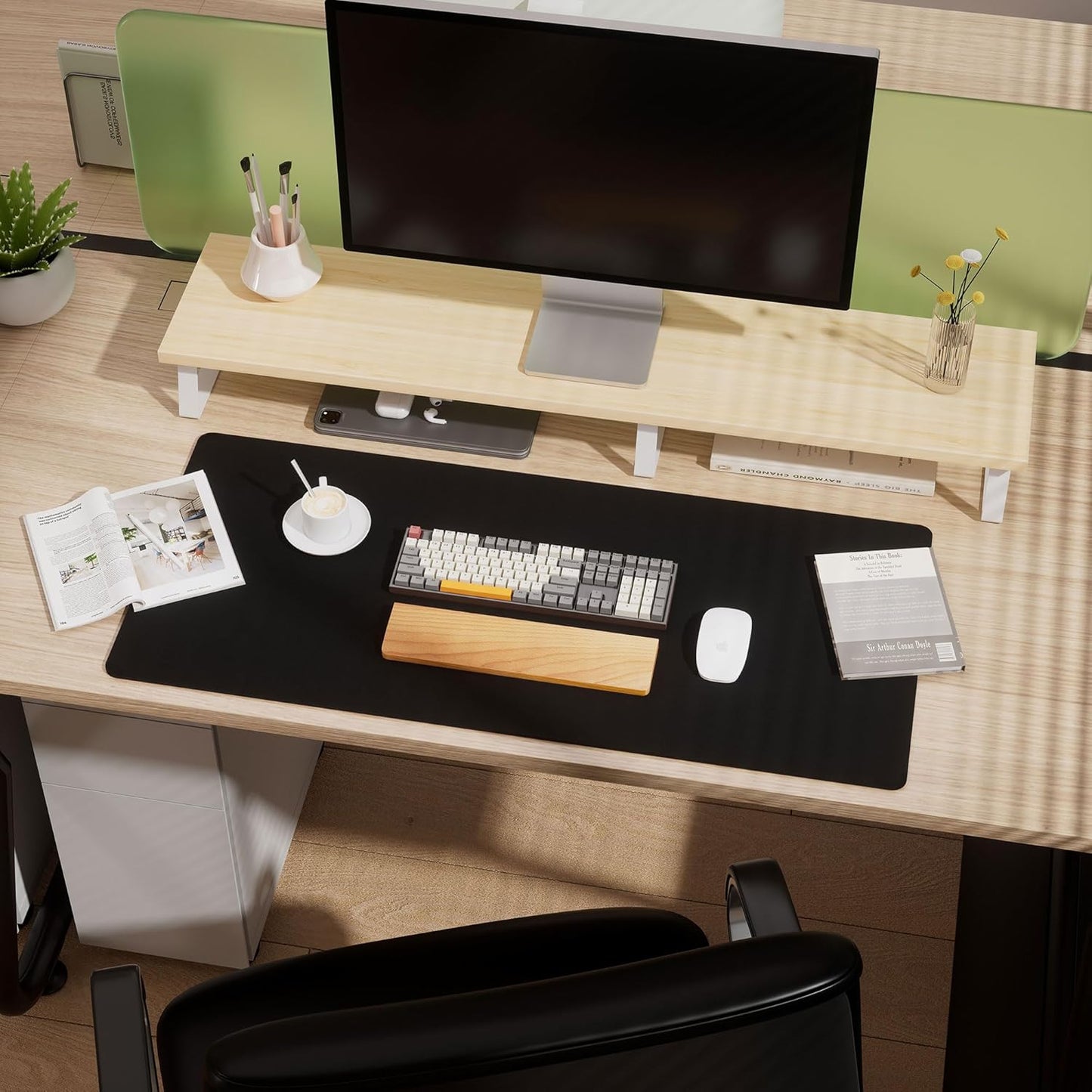 Aothia Dual-Sided Desk Pad - 25.6x13.7 inches Leather Desk Mat, Natural Cork Desk Pad Protector, Large Mouse Pad for Desk, Waterproof Desk Blotter Pad, Desk Writing Pad for Office Work/Home, Black