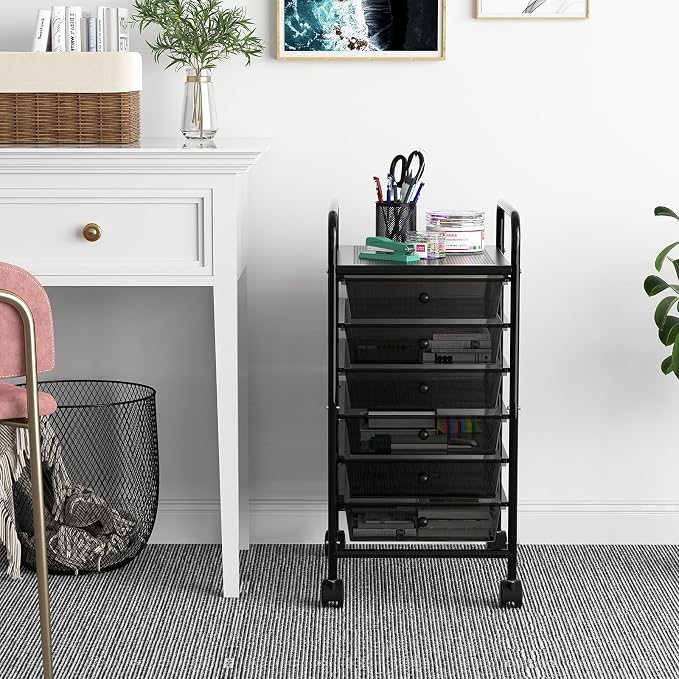 Rolling Storage Cart with Drawers 6-Tier Office Transparent Black | Utility Cart with 6 Drawers & 2 Lockable Caster Wheels, Multipurpose Mobile Drawer Cart for School Bathroom Kitchen