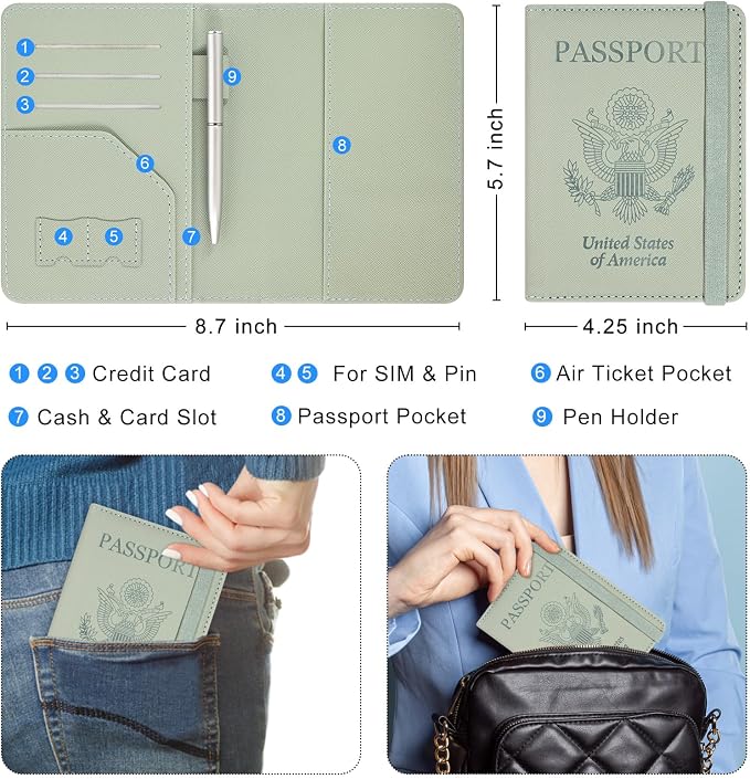ACdream RFID BLOCKING Passport Holder Travel Wallet - Premium PU Leather Cover Passport Book with Card Holder, Pen Holder, Keep Organization, and Travel Essentials for Women and Men, Agave Green