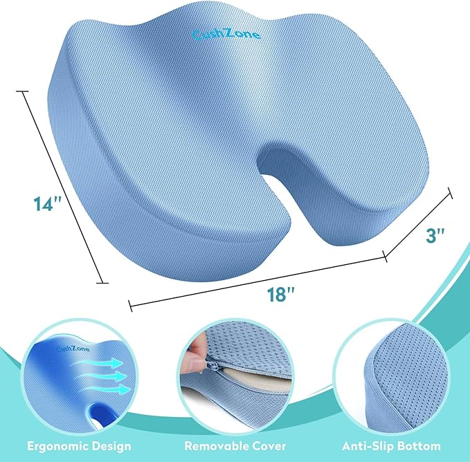 Office Chair Seat Cushion, Cooling Gel Enhanced Memory Foam Cushion for Long Sitting - Back, Sciatica, Coccyx, Tailbone Pain Relief Pillow - for Office, Gaming, Car, Wheelchair - Light Blue, Large