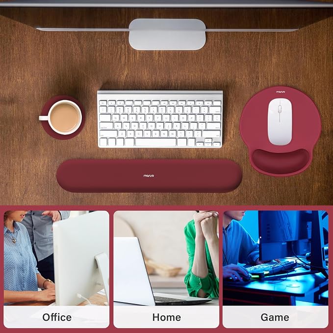 MOSISO Wrist Rest Support for Mouse Pad&Keyboard Set, Wine Red | Circle Curved Ergonomic Mousepad Non-Slip Base Home/Office Pain Relief&Easy Typing Pad with Soft Cloth&Silicone Lining