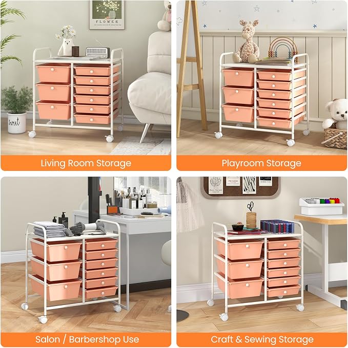 COSTWAY Rolling Storage Cart with 9 Drawer, Utility Cart with Metal Frame | Mobile Art Supply Craft Organizer, Multipurpose Storage Organizer for Paper, Office, School Teacher, Classroom, Peach