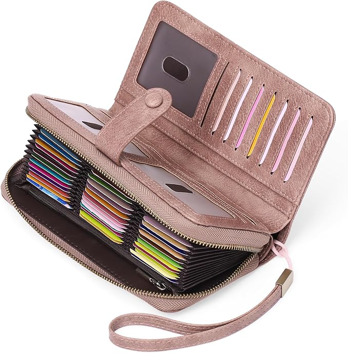 GAEKEAO Leather Credit Card Holder Wallet for Women RFID Blocking Large Capacity Bifold Zipper Card Case Organizer with Wristlet 45 Slots