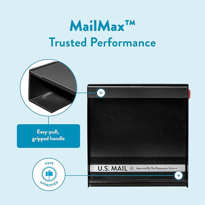 Architectural Mailboxes MailMax Post Mount Mailbox, All Black, Large | Modern galvanized steel and aluminum build with rust-resistant powder-coat finish and a magnetic door closure. USPS approved.
