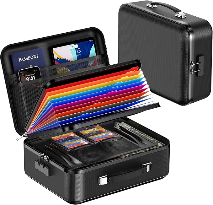 Fireproof Document Box with Lock, Waterproof Hard Shell File Organizer with Accordion Folder, Portable Fireproof File Safe Box for Home Office Storage of Documents, Laptop, Cash & Passports