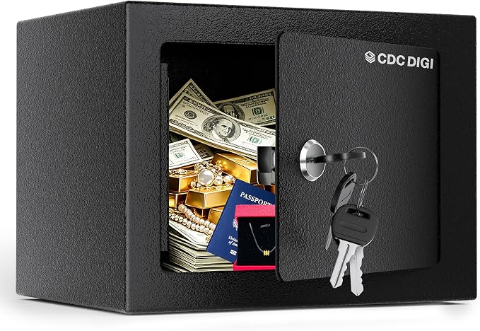 CDC DIGI Steel Security Safe Box with Key Lock,Safe Box for Home, Office, Money, Jewelry, Documents and Valuables, 0.23 Cubic Feet, 9.06" W x 6.69" D x 6.69" H, Black