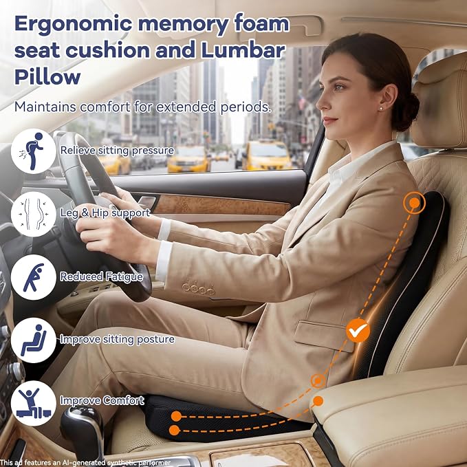 Car Seat Cushion with Lumbar Support, Memory Foam for Long Driving | 3D breathable mesh, 60D memory foam, non-slip base and adjustable strap; for cars, trucks, office and gaming chairs, black