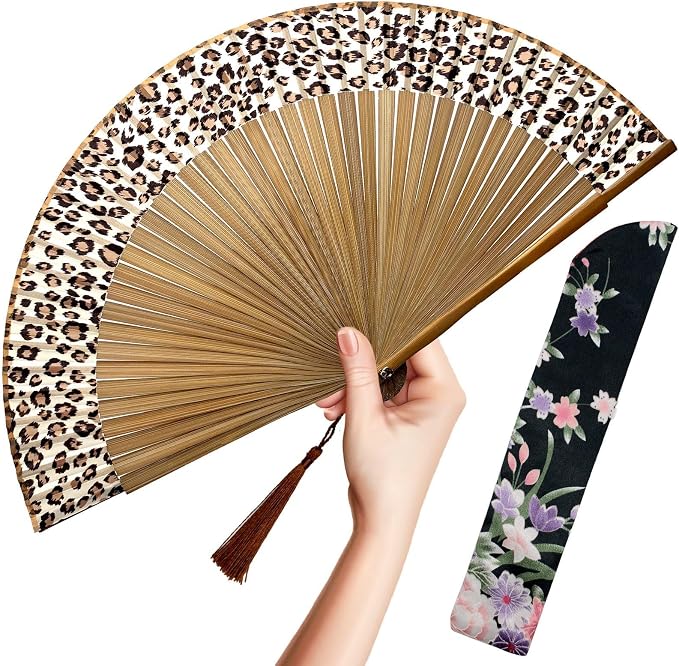 OMyTea Folding Hand Fan for Women - Foldable Chinese Japanese Fan (Sexy Bamboo - Leopard)
