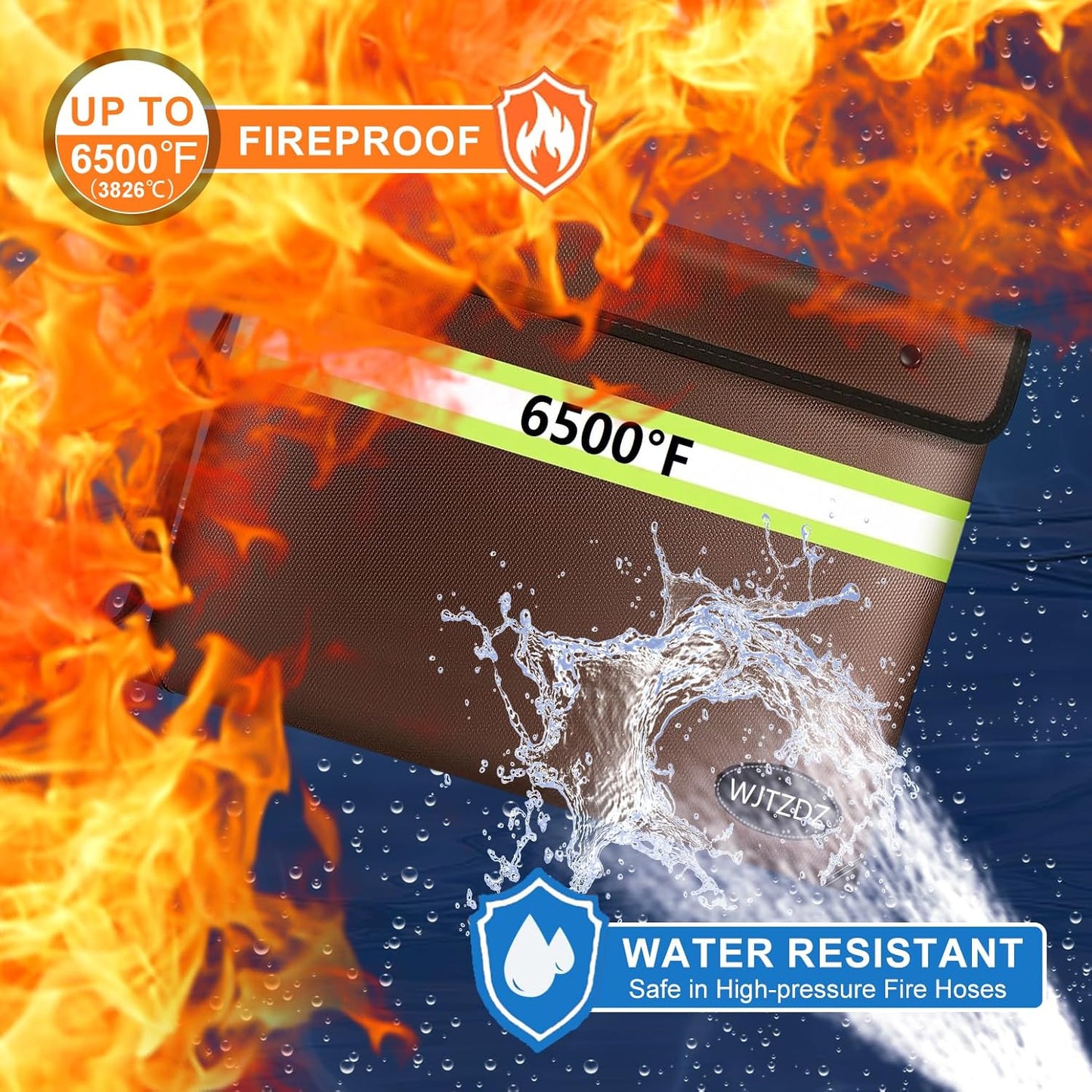 6500°F Fireproof Document Bag, Upgraded Fireproof/Waterproof Money Bag with Zipper/Reflective Strip,Storage Pouch for A4 Letter Size Document,Cash,Cell Phone,Passport