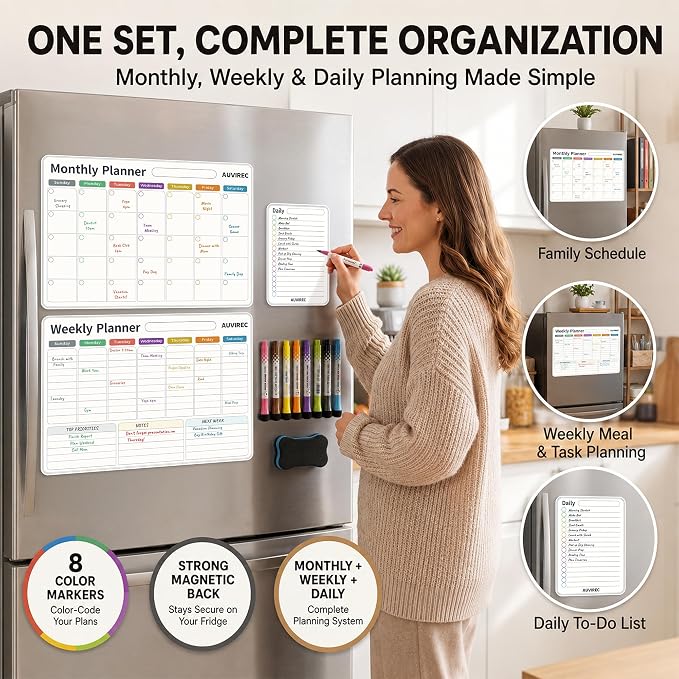 Magnetic Calendar for Refrigerator, Fridge Calendar 3-Pack | Monthly Weekly Daily Dry Erase Calendar Planner Set with Nano-Tech Surface, 17"x12" Magnetic Whiteboard, 8 Markers & Eraser
