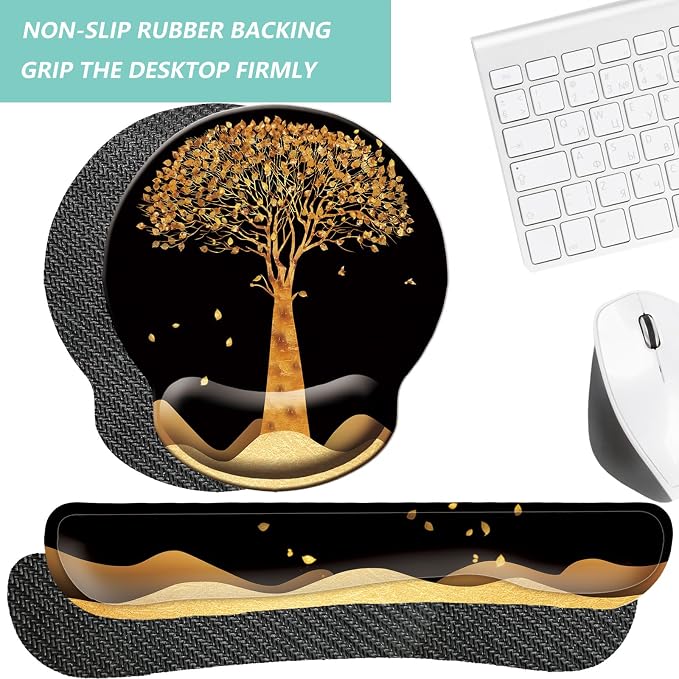 Keyboard Wrist Rest Pad Mouse Pad with Wrist Support Set of 3, Mousepad with Non-Slip Rubber Base, Ergonomic Memory Foam Mouse Wrist Cushion Support for Home Office Laptop Computer, Tree
