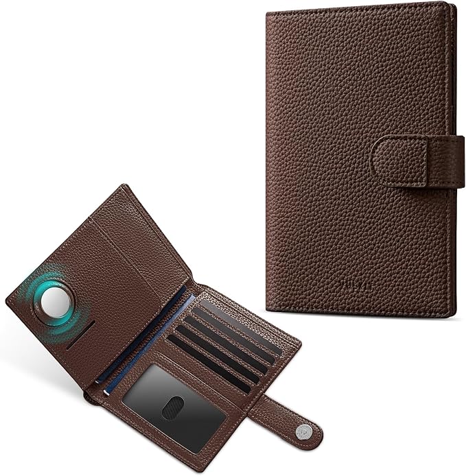 VULKIT Dual Leather Passport Wallet with Airtag Holder Slim Double Passport Holder RFID Blocking Passport Travel Wallet for Women or Men