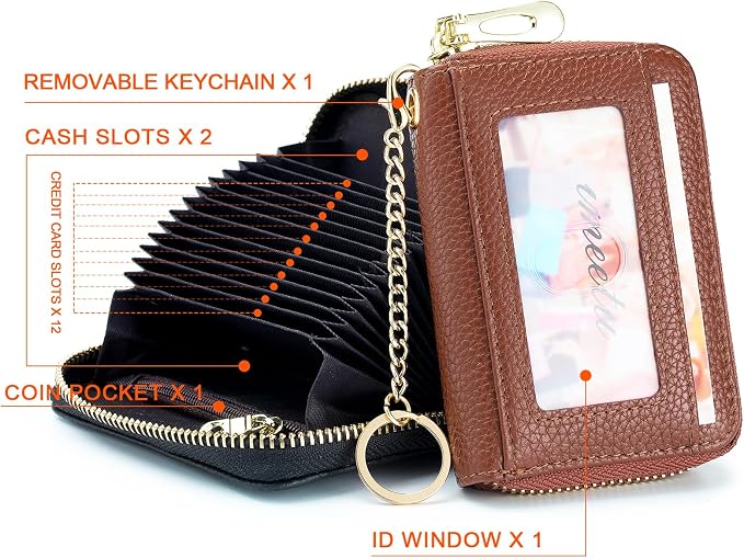 imeetu RFID Credit Card Holder, Small Card Wallet Women, Leather Card Case | Genuine Leather Women's Card & id Cases, Change Coin Purse with Zipper Keychain id Window, 20 Colors & 3 Styles, Daily, Gifts