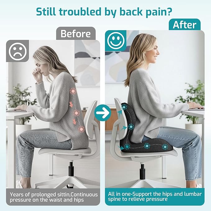 Seat Cushion,Office Chair Cushion with Lumbar Support Pillow,Ergonomic Design for Long Sitting,Sciatica,Back Pressure Relief,Back Support Cushions for Car,Truck,Office Chair
