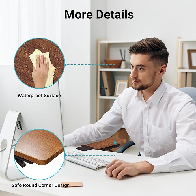 BONTEC Ergonomic Desk Extender Tray, 9.5"x9.1" Table Mount Arm Wrist Rest Shelf, 90° Foldable Elbow Support, Clamp on Computer Arm Rest for Desk, Office & Home Use, Durable & Easy to Install, Walnut