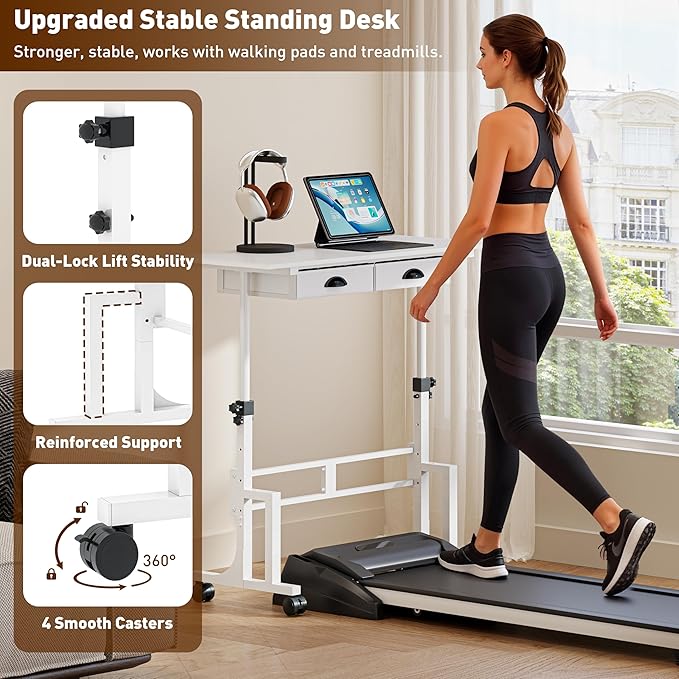 Height Adjustable Standing Desk with 2 Drawers, Small Sit Stand Up Desk with Wheels, Portable Rolling Desk for Walking Pad Treadmill, Computer Office, Adjustable 31.5"-43.3", White, Upgraded Stable