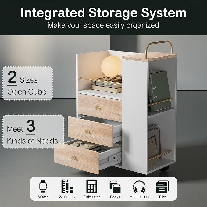 Mobile File Cabinet Under Desk with 3 Drawer, Lockable Wheels | Rolling Filing Cabinet, Utility Cart with Open Storage Shelves Home Office Fits A4/Legal, 19.7" x 11.8" x 26.3", Light Walnut