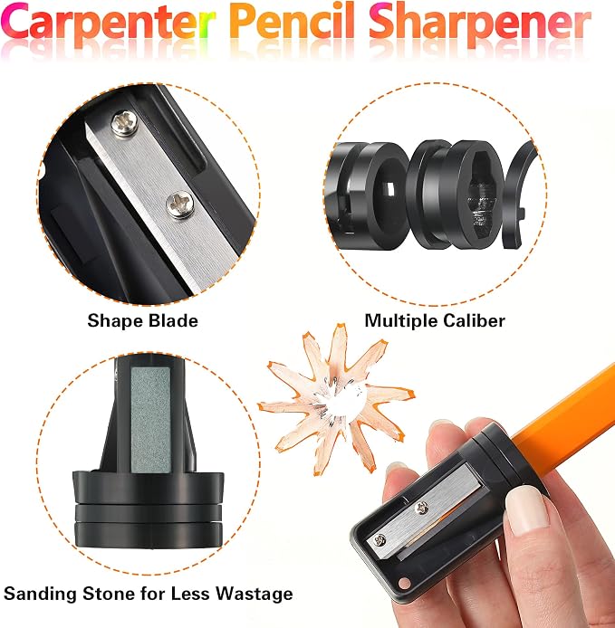 Hohean 14 Pcs Carpenter Pencils, 7 Inches Flat Octagonal Hard Woodworking Construction Pencils Heavy Duty with Pencil Sharpener and Retractable Pull Pen Holder for Contractor Carpentry (Yellow)