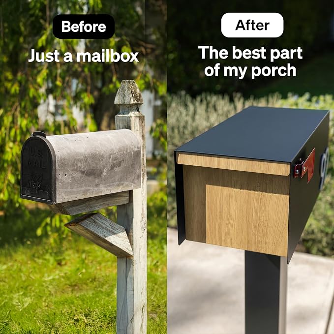 Adoorn Post Mount Outdoor Mailboxes - Large Decorative Mailbox for Letters and Packages - Weatherproof Construction - Durable Steel - Magnetic Closure - 9.5” H x 9.5” W x 20.75” D - White Oak
