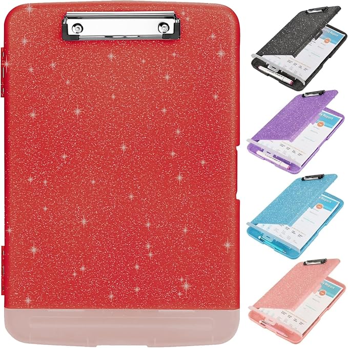 Glitter Clipboard with Storage,Storage Clipboard with Pen Holder,A4 Binder Clip Boards 8.5x11 with Low Profile Clip,Side Opening Sparkle Clipboards, Clipboards Folder for Office Supplies-Red