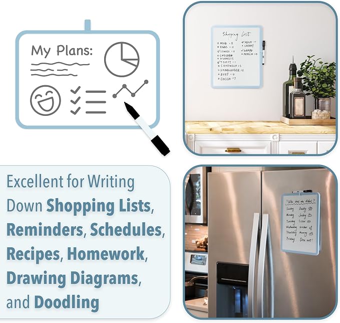 Mr. Pen- Dry Erase Board, 14” x 11” with a Black Dry Erase Marker | Blue Frame, Small Mini White Board for Students, Fridge, Wall, Locker, Includes Double Sided Tapes