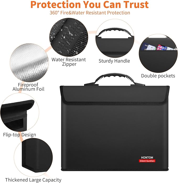Hontom 6400℉ Fireproof Document Bag with 2 Pockets | Upgraded Material Fireproof Money Bag with Lid, Travel Home Fire Safe Storage Cash Pouch for Important Documents