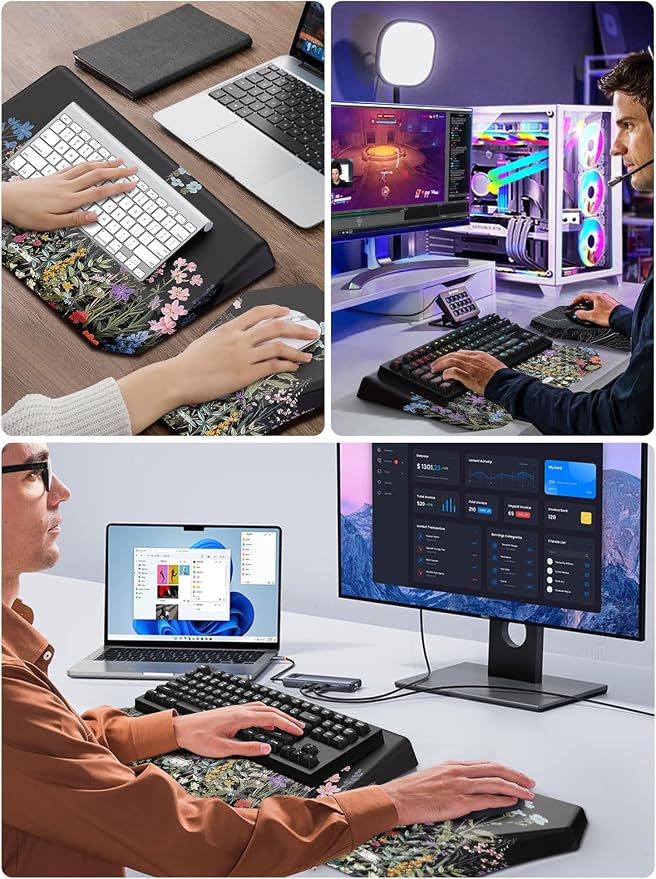 3-in-1 Ergonomic Keyboard Stand with Wrist Rest & Mouse Pad Set, Flower | Comfy Keyboard Riser Holder Soft Mousepad with Massage Design, Memory Foam and Non-Slip PU Base for Pain Relief